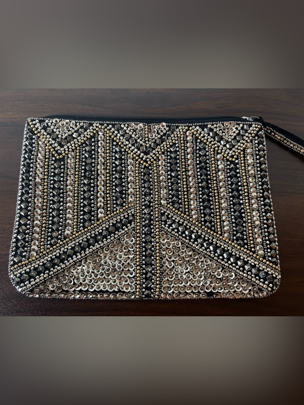 Art Deco Style Embellished Black Wristlet w/ gold, pewter, silver, black seguins